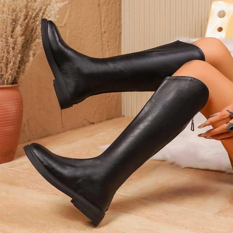 Unisex ilgi batai virš kelių su apvaliu nosimi, užtrauktuku gale, satino viršumi ir gumine padu