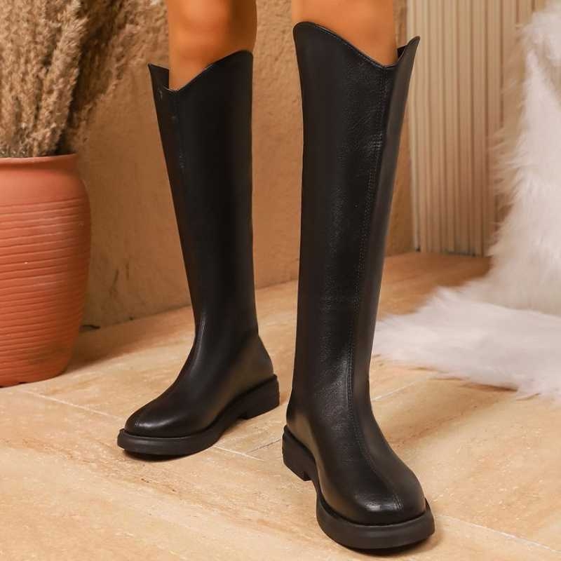 Unisex ilgi batai virš kelių su apvaliu nosimi, užtrauktuku gale, satino viršumi ir gumine padu