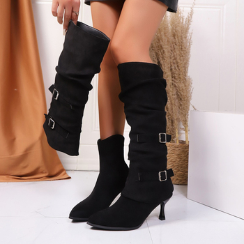 Botine de damă moderne: vârf ascuțit, toc subțire înalt 6–8 cm, partea superioară velur, talpă din cauciuc, gambă înaltă