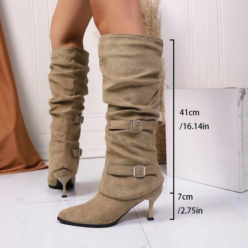 Botine de damă moderne: vârf ascuțit, toc subțire înalt 6–8 cm, partea superioară velur, talpă din cauciuc, gambă înaltă