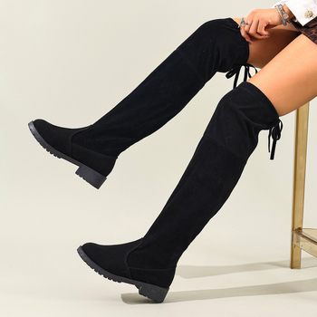 Moterų velūro bateliai virš kelių, apvali nosis, žemas kulnas 1–3 cm, nugarinis raištelis, Korėjos stilius, žiema