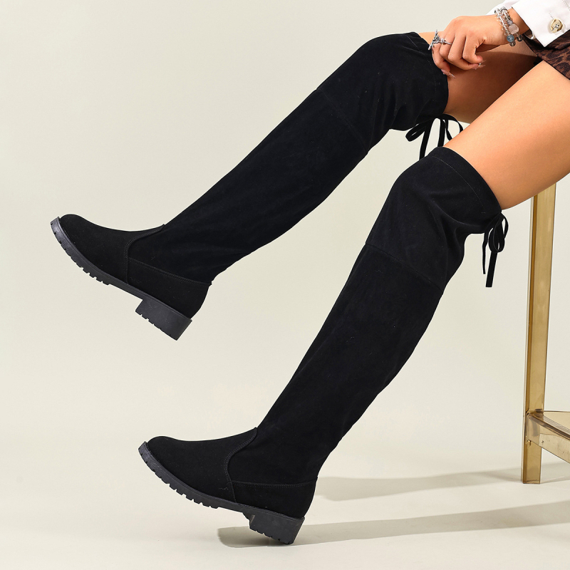 Moterų velūro bateliai virš kelių, apvali nosis, žemas kulnas 1–3 cm, nugarinis raištelis, Korėjos stilius, žiema