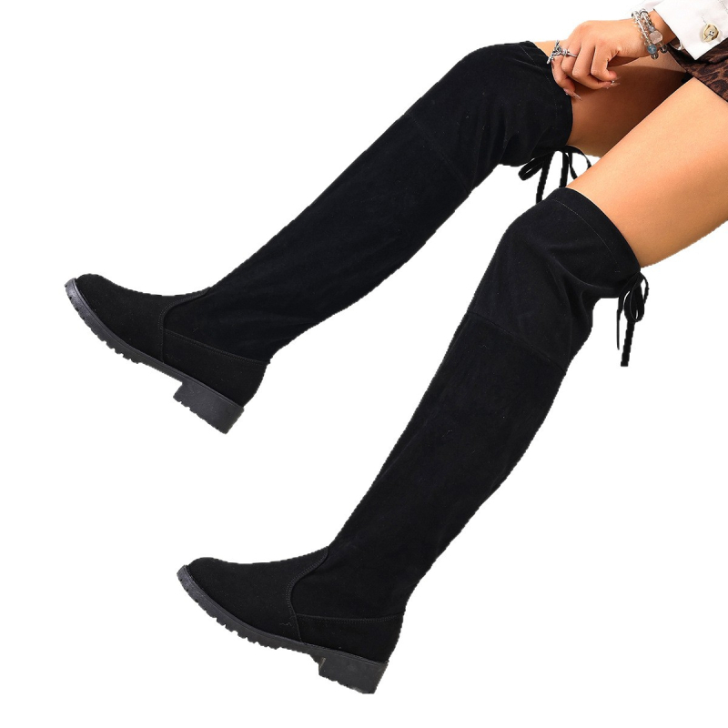 Moterų velūro bateliai virš kelių, apvali nosis, žemas kulnas 1–3 cm, nugarinis raištelis, Korėjos stilius, žiema