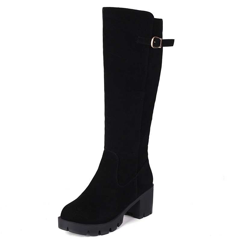 Moters velvetiniai auliniai batai su stora kulniuku 6–8 cm, aukštas vamzdelis, šoninis užtrauktukas