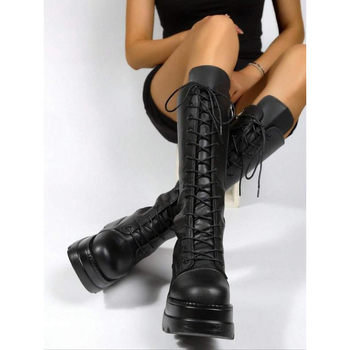 Moteriški batai punk stiliaus raišteliai, virš kelių, apvali nosis, plokščia kulnas, šilkinė viršutinė dalis