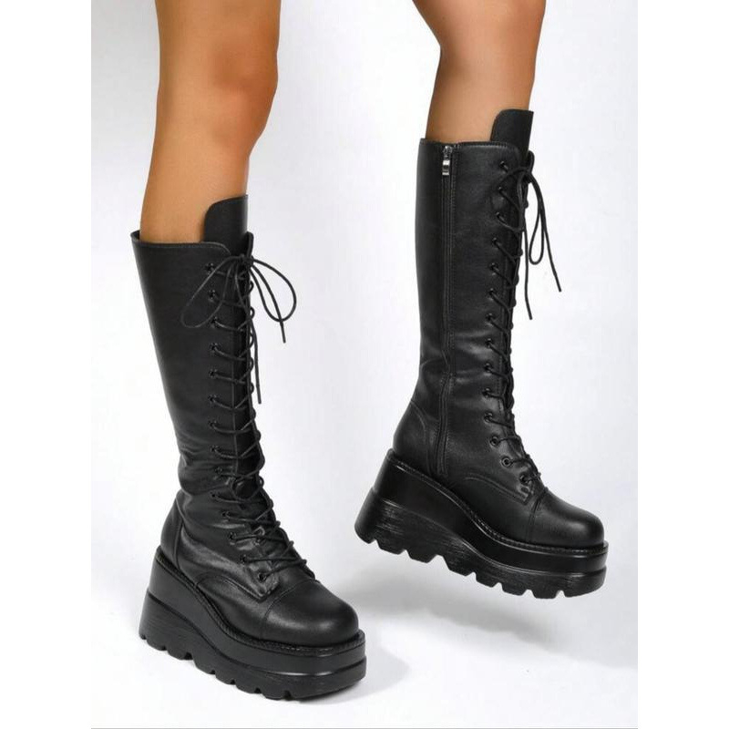 Moteriški batai punk stiliaus raišteliai, virš kelių, apvali nosis, plokščia kulnas, šilkinė viršutinė dalis