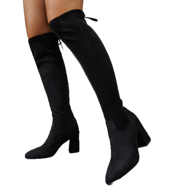 Moteriški žirgystės batai virš kelio, nubuko viršus, užpakalinės raištės, storas kulnas