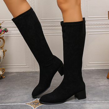 Velūro ilgos iki kelio aulinės su stora blokine kulne, guminiu padu, šoninis užtrauktukas, Europos ir Amerikos mados stilius, šiltos, kulno aukštis 3-5 cm