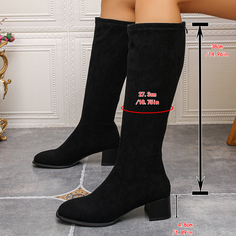 Velūro ilgos iki kelio aulinės su stora blokine kulne, guminiu padu, šoninis užtrauktukas, Europos ir Amerikos mados stilius, šiltos, kulno aukštis 3-5 cm