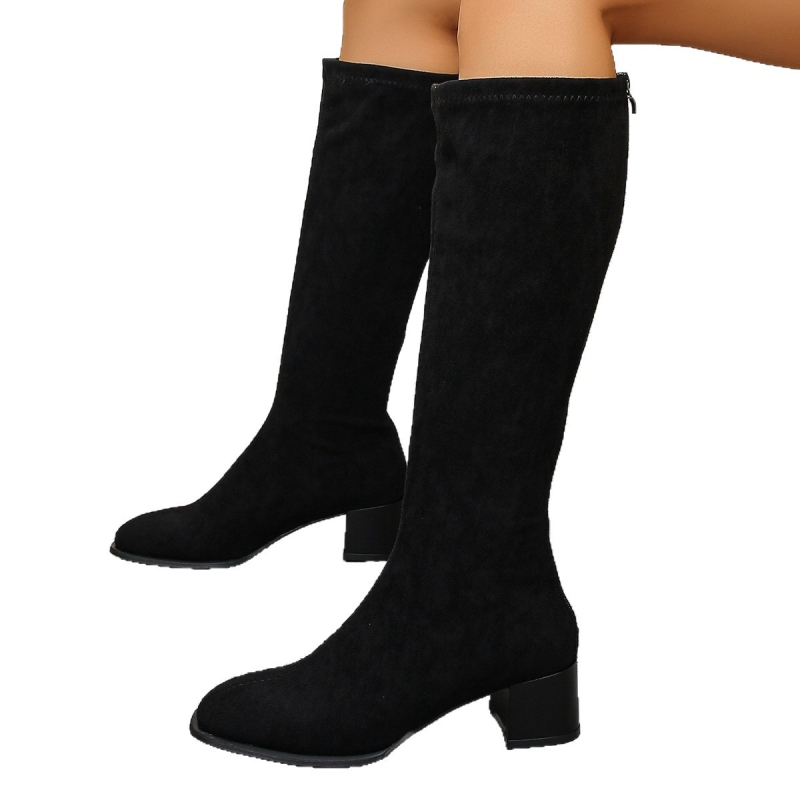 Velūro ilgos iki kelio aulinės su stora blokine kulne, guminiu padu, šoninis užtrauktukas, Europos ir Amerikos mados stilius, šiltos, kulno aukštis 3-5 cm