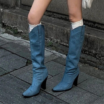 Kaubojaus batai iš PU odos, gumos padas, aukštas vamzdelio aukštis, kulnas virš 8 cm