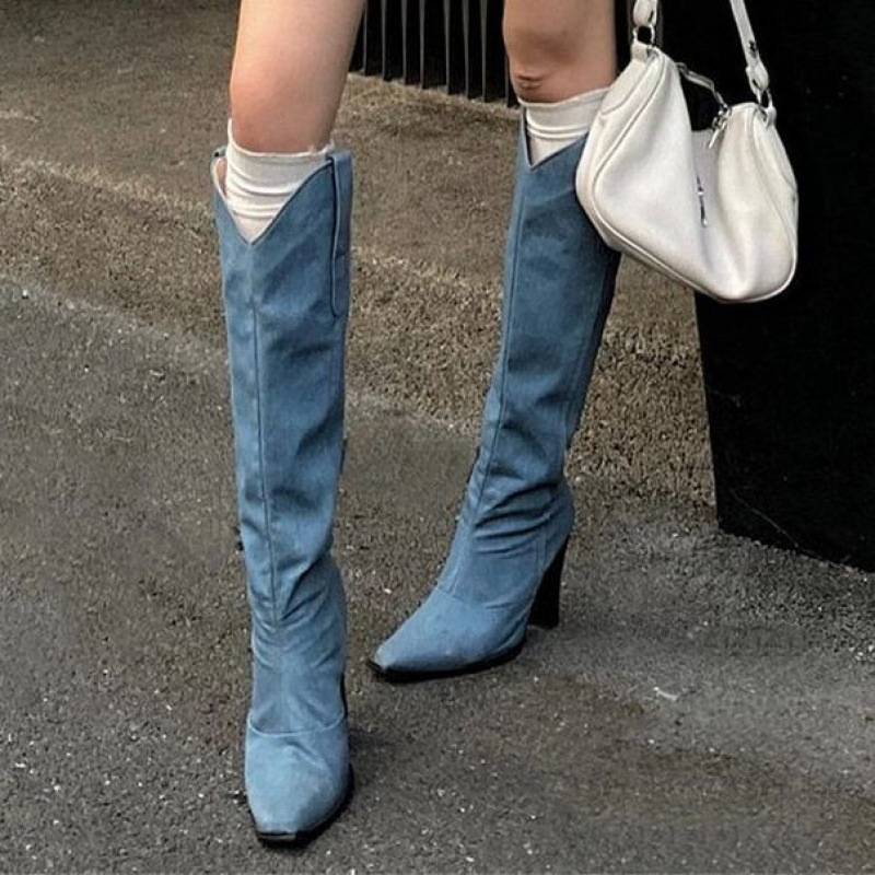 Kaubojaus batai iš PU odos, gumos padas, aukštas vamzdelio aukštis, kulnas virš 8 cm