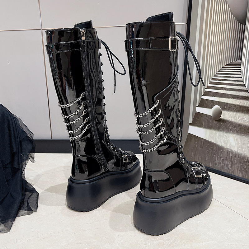 Sieviešu izjādes zābaki ar mikrošķiedras augšpusi, gumijas zoli, klinveida papēdi, augstu kāju augstumu ar šņorēm