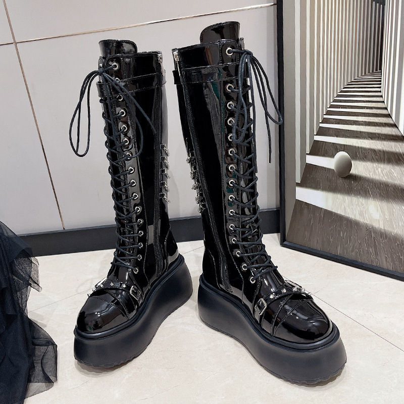 Sieviešu izjādes zābaki ar mikrošķiedras augšpusi, gumijas zoli, klinveida papēdi, augstu kāju augstumu ar šņorēm