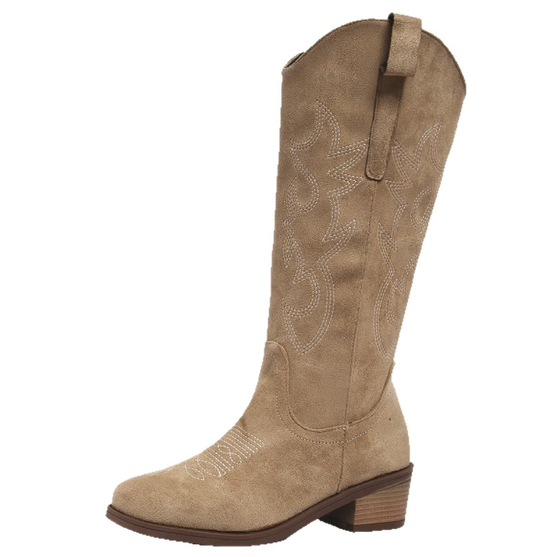 Moterys veliūro pusikalio ilgio bateliai su siuvinėjimu, retro stilius, aštrus pirštas, storas kulnas