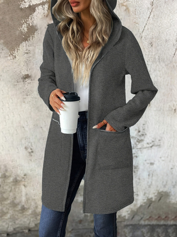 Ženski kaput od umjetne vune, srednje duljine, kapuljača, zip front, debela tkanina, elegantan stil