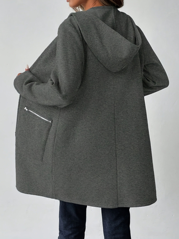 Ženski kaput od umjetne vune, srednje duljine, kapuljača, zip front, debela tkanina, elegantan stil