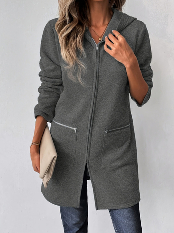 Ženski kaput od umjetne vune, srednje duljine, kapuljača, zip front, debela tkanina, elegantan stil
