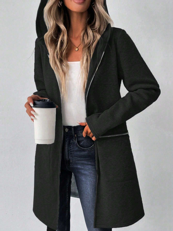 Ženski kaput od umjetne vune, srednje duljine, kapuljača, zip front, debela tkanina, elegantan stil
