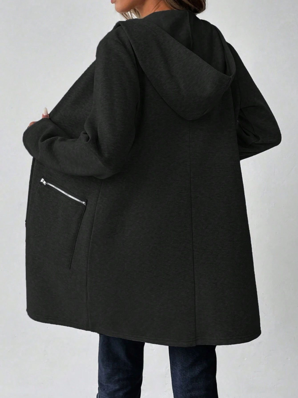 Ženski kaput od umjetne vune, srednje duljine, kapuljača, zip front, debela tkanina, elegantan stil