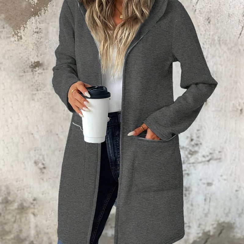 Ženski kaput od umjetne vune, srednje duljine, kapuljača, zip front, debela tkanina, elegantan stil