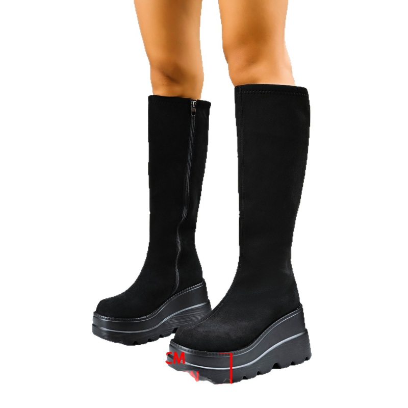 Moteriški bateliai virš kelio su PU viršutine dalimi, velūro šoninė dalis, klino tipo kulnas, šoninis užtrauktukas