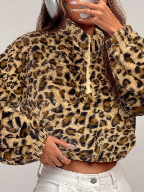 Moteriški leopardų spaudo fleece džemperis su gobtuvu, trumpas kirpimas, ilgos rankovės, apvalus kaklas, 95% poliesteris