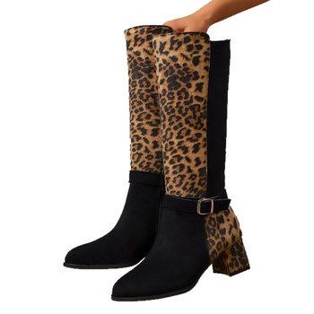 Žirgų batų su leopardiniu raštu, velūro viršus, apvalus pirštas, stora kulnas 3-5 cm