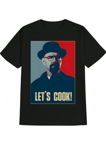 Vyriška laisvalaikio grafikos marškinėliai su spauda Let's Cook!, retro personažo dizainas, apvalus kaklo iškirptė, trumpomis rankovėmis, medvilnė