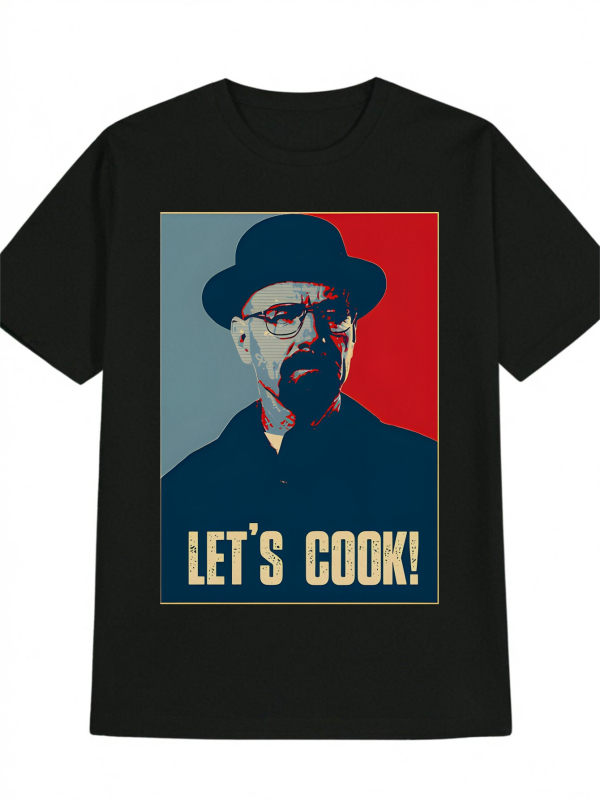 Vyriška laisvalaikio grafikos marškinėliai su spauda Let's Cook!, retro personažo dizainas, apvalus kaklo iškirptė, trumpomis rankovėmis, medvilnė