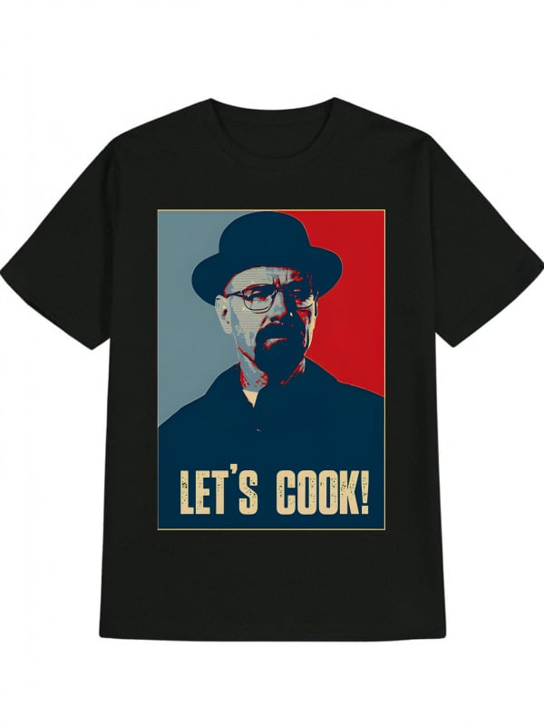 Vyriška laisvalaikio grafikos marškinėliai su spauda Let's Cook!, retro personažo dizainas, apvalus kaklo iškirptė, trumpomis rankovėmis, medvilnė