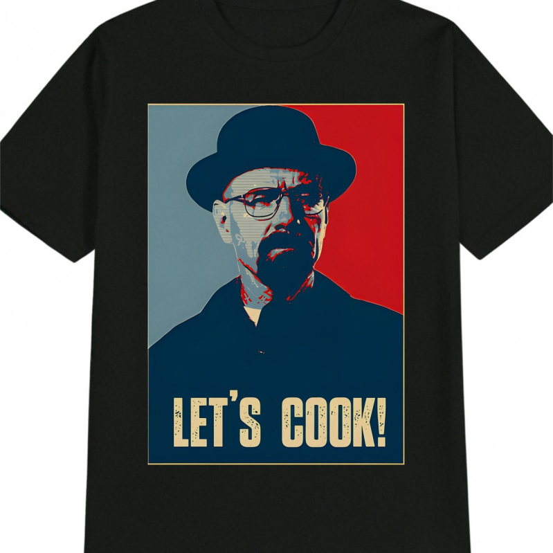 Vyriška laisvalaikio grafikos marškinėliai su spauda Let's Cook!, retro personažo dizainas, apvalus kaklo iškirptė, trumpomis rankovėmis, medvilnė