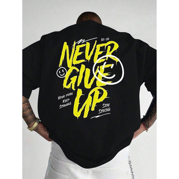 Vyriški medvilniniai marškinėliai su geometriniu raštu ir grafika 'Never Give Up', laisvo kirpimo, trumpomis rankovėmis, šilumos perdavimo spauda