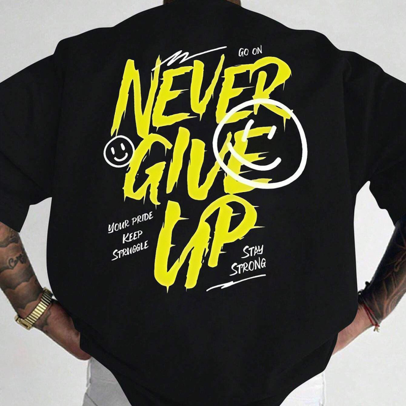 Vyriški medvilniniai marškinėliai su geometriniu raštu ir grafika 'Never Give Up', laisvo kirpimo, trumpomis rankovėmis, šilumos perdavimo spauda