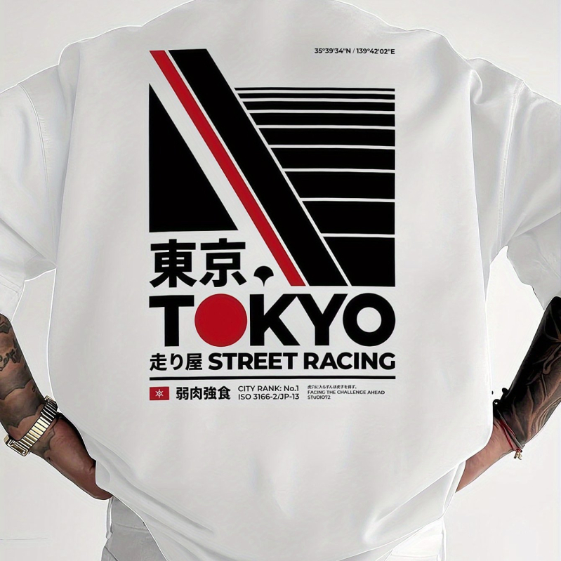 Vyriški marškinėliai su Tokijo gatvių lenktynių grafika – spauda, trumpomis rankovėmis, apvali kakla, pagrindinio audinio sudėtis 95% ir daugiau, A linijos siluetas