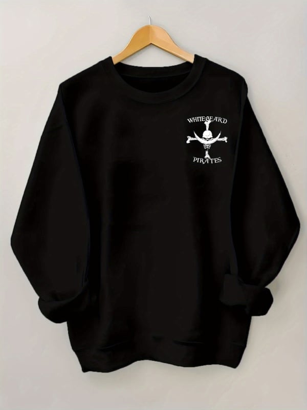 Sievietēm puloveris-svīteris ar Whitebeard pirātu kaula un zobena grafiku, garās piedurknes, apaļš kaklaizgriezums, brīvās piegrieznes, poliesters