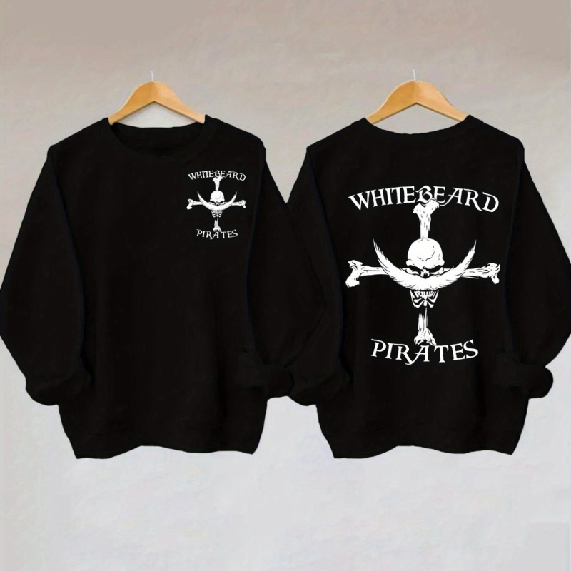 Sievietēm puloveris-svīteris ar Whitebeard pirātu kaula un zobena grafiku, garās piedurknes, apaļš kaklaizgriezums, brīvās piegrieznes, poliesters