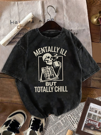 Moteriški marškinėliai su kaukolės raštu – apvali kaklo linija, Flat Cloth audinys, 36% poliesteris, 2025 m. pavasaris