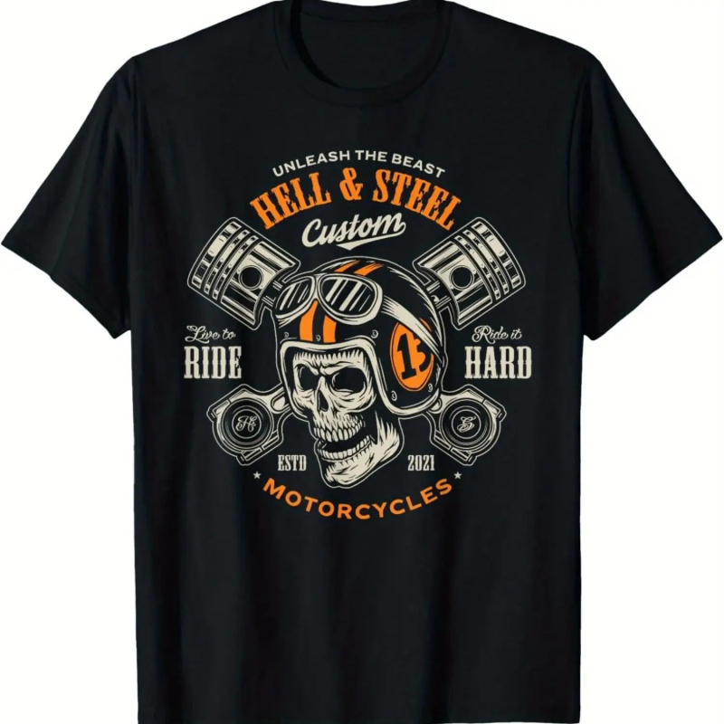 Vyriški medvilniniai marškinėliai su retro motociklo motyvu, teksto atspaudas, trumpomis rankovėmis, apvalus kaklo iškirpimas, karštos perdavimo technologija