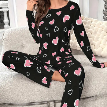 Комплект пижами за дами с пълен сърцевиден принт, дълъг ръкав и дълги панталони — 95–100% полиестер, пролет 2025