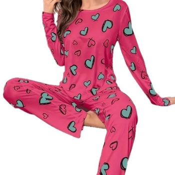 Комплект пижами за дами с пълен сърцевиден принт, дълъг ръкав и дълги панталони — 95–100% полиестер, пролет 2025