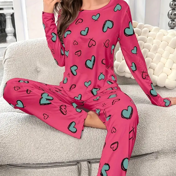 Комплект пижами за дами с пълен сърцевиден принт, дълъг ръкав и дълги панталони — 95–100% полиестер, пролет 2025