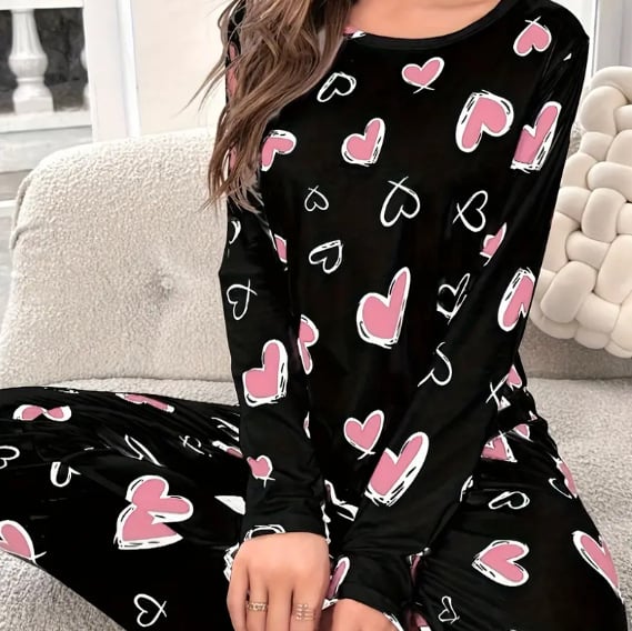 Комплект пижами за дами с пълен сърцевиден принт, дълъг ръкав и дълги панталони — 95–100% полиестер, пролет 2025