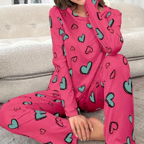 Комплект пижами за дами с пълен сърцевиден принт, дълъг ръкав и дълги панталони — 95–100% полиестер, пролет 2025