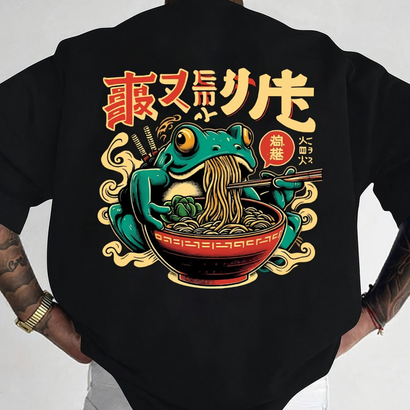 Tricou bărbătești cu mânecă scurtă, imprimeu cu broască, bumbac 95%+, guler rotund