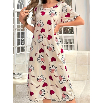 Naktsveļas kleita ar sirds motīvu un karikatūru - gara piedurkne, polo apkakle, 3/4 piedurknes, augsta vidukļa