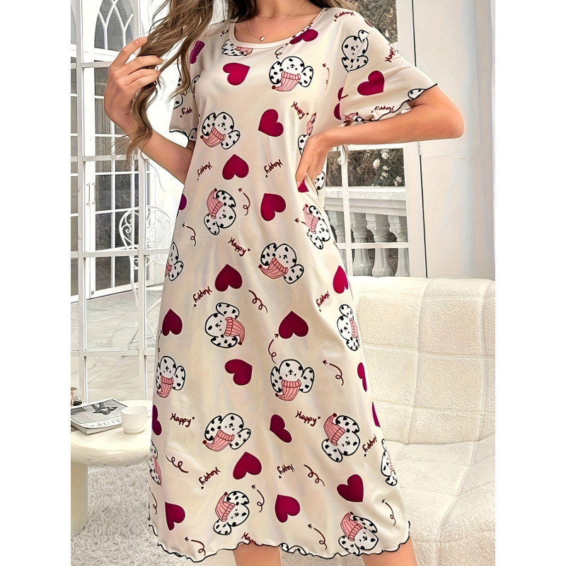 Naktsveļas kleita ar sirds motīvu un karikatūru - gara piedurkne, polo apkakle, 3/4 piedurknes, augsta vidukļa