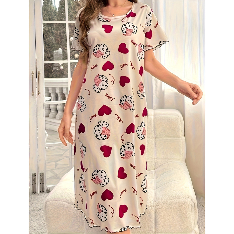 Naktsveļas kleita ar sirds motīvu un karikatūru - gara piedurkne, polo apkakle, 3/4 piedurknes, augsta vidukļa