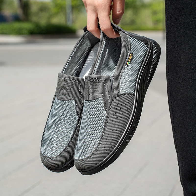 Férfi hálószövésű casual cipő elasztikus pánttal, kerek orr, alacsony sarok, Goodyear talp