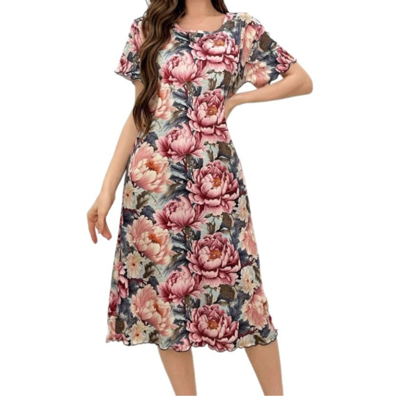 Kleita ar digitālo augu un ziedu drukāšanu, poliesters, gara kleita ar fejas svārku stilu, apaļš kakla atvērums, īsi piedurknes, viduklis vidējā līmenī, pavasaris 2025